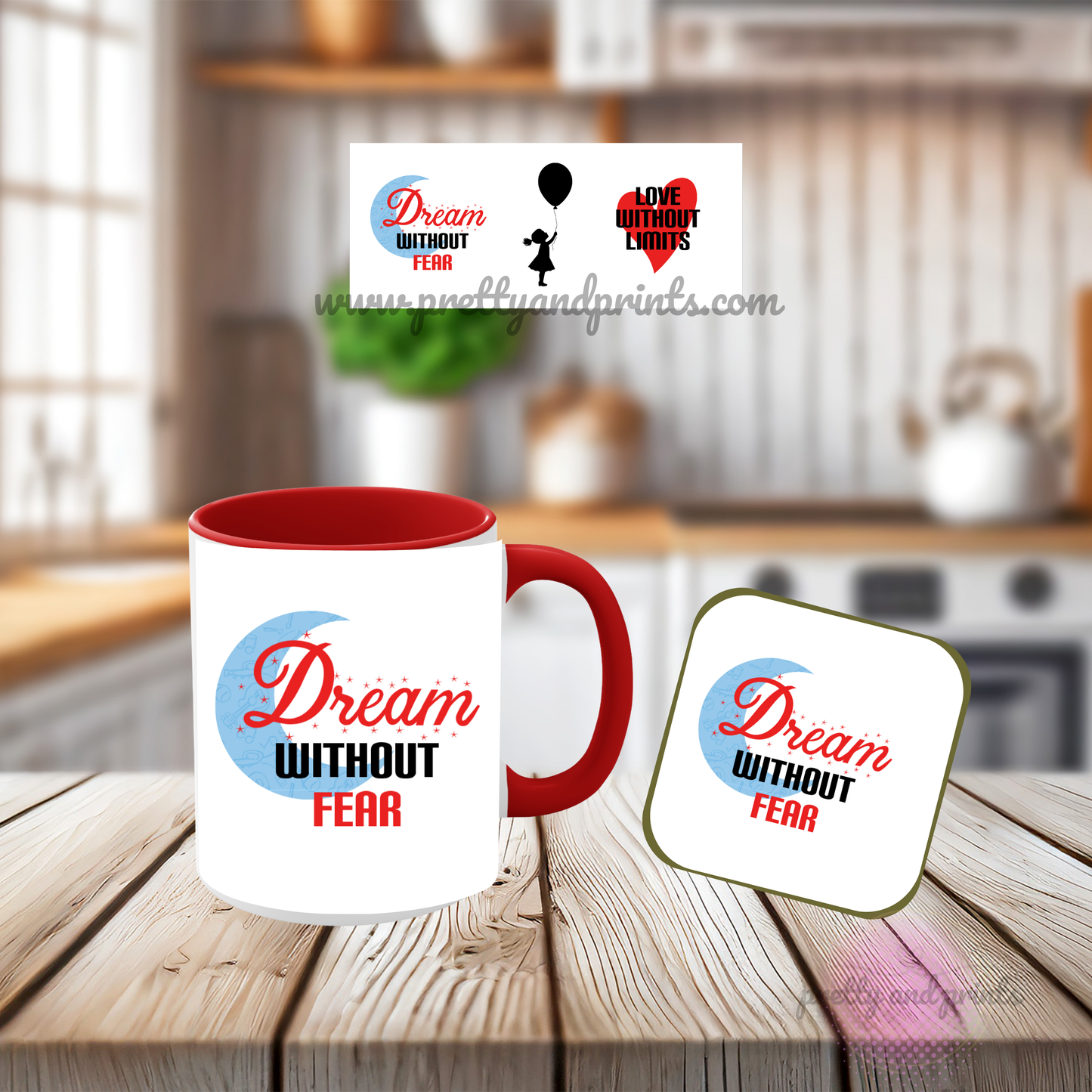 Dream and Love Set (Mug and Coaster) - Red